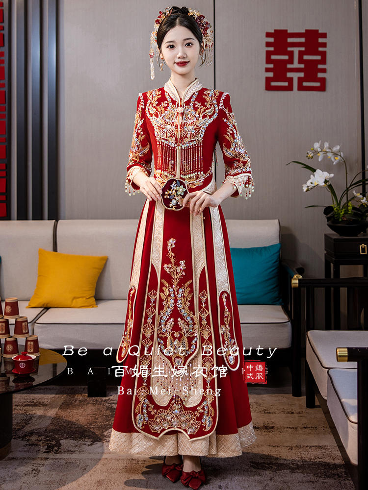 丝绒秀禾服婚服2025新款重工新娘禾秀服中式结婚小个子嫁衣敬酒服-淘宝网