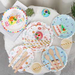 Birthday Party Disposable Tableware Cake Plate Tablecloth Boys and Girls First Birthday Picnic Dessert Table Decoration Scene Setup
