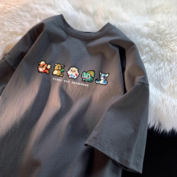 Japanese Anime Print T-Shirt Short Sleeve Men's 2026 Summer Large Size Heavyweight 260g Pure Cotton Student Pokémon Top