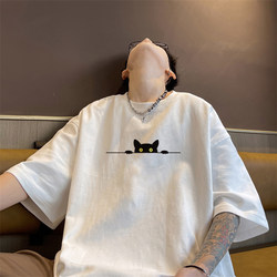 ins Hong Kong Style Niche Black Cat 260g Pure Cotton Short-Sleeved T-Shirt for Men, Casual Trendy Brand, Heavyweight Loose Fit, Student Half-Sleeve Summer Style