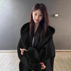 2026 New Black Sweatshirt Jacket for Women, Spring Hooded Sports Top, Spring Fleece-Lined Korean Style Loose Cardigan, Thick