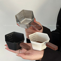 Square Wooden Handle Stainless Steel Extraction Cup Espresso Cup with Graduated Measuring Cup Ounce Cup Milk Jug Coffee Utensils