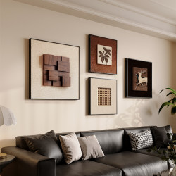 Three-Dimensional Walnut Wood Vintage-Style Living Room Decorative Painting, French Retro Sofa Background Wall Hanging Painting, High-End and Grand Wall Art
