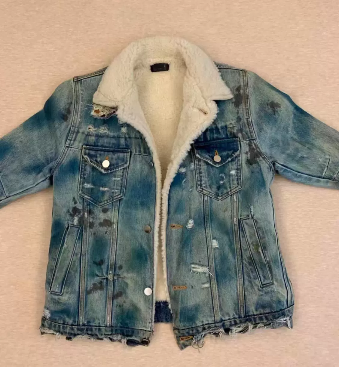 自主amiri水洗羊羔毛夹克高街风美式复古16aw皮毛一体牛仔衣