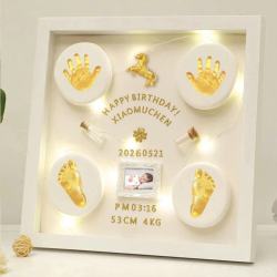 Baby's Full-Month Commemorative Hand and Foot Prints, Fetal Hair, Umbilical Cord, Newborn Hand and Foot Prints Photo Frame, Baby's 100-Day and First Birthday Gift