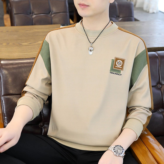 
Men's sweatshirt spring and autumn long-sleeved T-shirt plus velvet thickened new embroidery splicing trendy youth top base shirt