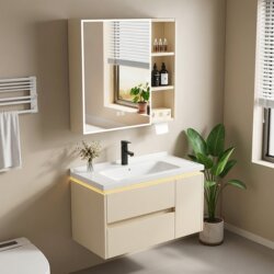 Honeycomb Aluminum Alloy Bathroom Cabinet Set with Cream-Colored Double Drawer Ceramic Integrated Basin Washstand Bathroom Sink Cabinet
