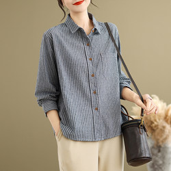 Japanese and Korean Pure Cotton Striped Shirt for Women, Spring and Autumn Vintage Casual Versatile Base Shirt, Elegant Slimming Turn-Down Collar Long-Sleeve Shirt
