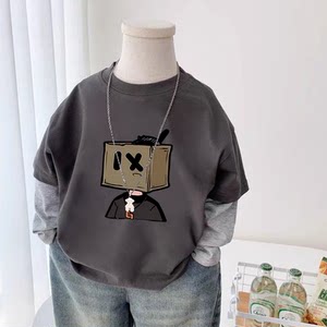 
100% cotton boys' spliced long-sleeved bottoming T-shirt 2026 spring and autumn new style children's baby cartoon round neck top