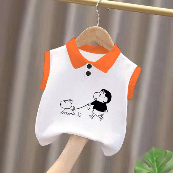 
100% cotton boys' polo shirt, color-blocked sleeveless vest, summer style, casual and versatile top for small and medium-sized children and babies