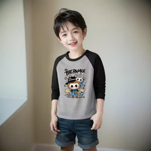 
100% cotton boys' round neck long-sleeved T-shirt spring and autumn new small and medium-sized children's baby anime handsome bottoming shirt