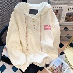 Korean-Style Colorful Embroidered Letter Sweatshirt for Girls, Autumn and Winter Fleece-Lined, Sweet and Loose Hooded Jacket for Middle and High School Students