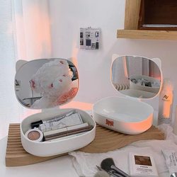 Cute Mirror, Makeup Mirror, Storage Box All-In-One, Student Dormitory, Small Household Desktop Foldableing Vanity Mirror ins