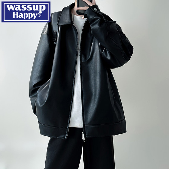 
wassup happy American leather jacket men's spring and autumn trendy brand retro loose lapel handsome motorcycle suit