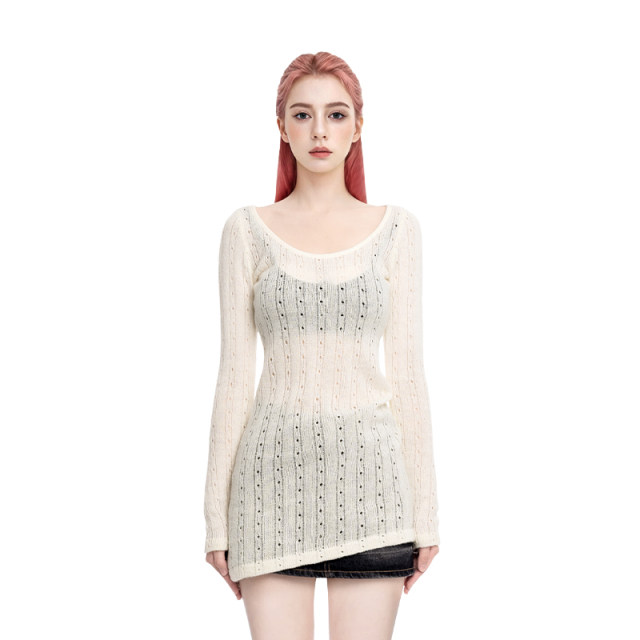 BM sweater women's 2025 new winter round neck hollow pure and sexy hot girl slim and long sleeve knitted base shirt
