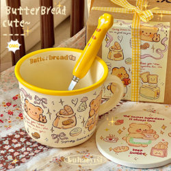 Spring Butter Bear Bread Cute Hand-Painted Style Cream Breakfast Coffee Ceramic Mug Gift Water Cup