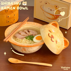 Cute Shiba Inu Ceramic Instant Noodle Bowl with Lid, Large Capacity, High Aesthetic Value, Housewarming Birthday Gift, Gift for Students' Dormitory