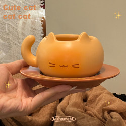Cute Caramel Bread Cat Ceramic Mug Coffee Cup and Saucer High-Value Birthday Gift for Girls ins Water Cup