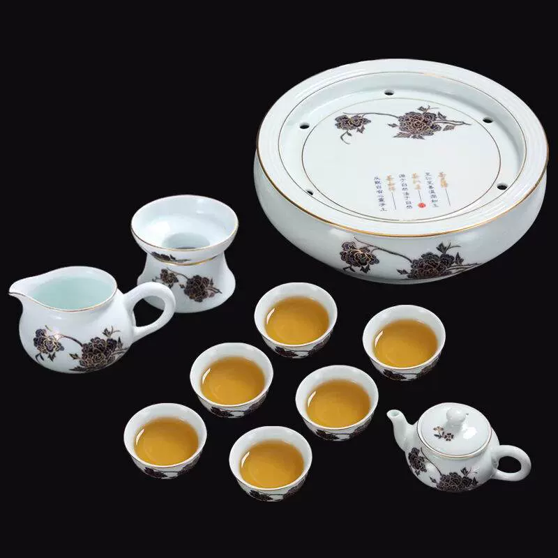 天泽整套鎏金牡丹茶具套装陶瓷功夫复古中式茶具青花瓷茶壶茶杯茶 