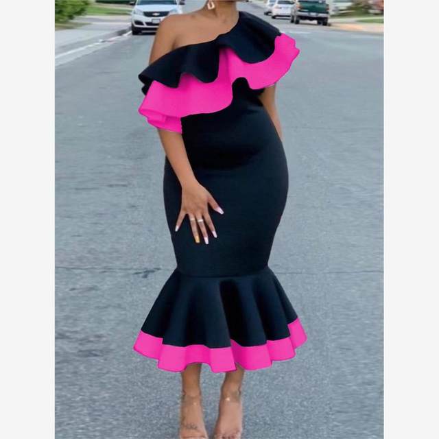 European and American large -size shoulder -back exposed ruffled border banquet parties fishtail skirt women's Sexy Party Dress