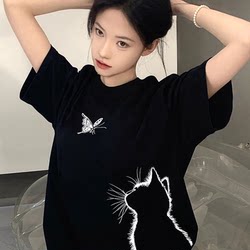Pure Cotton Black Short-Sleeved Women's T-Shirt 2025 New Popular Summer Unique Design Niche Top Loose Fit Tee