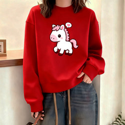 Cartoon Pony Red Crew Neck Sweatshirt for Women 2026 Winter New Model Year of the Horse Zodiac Year Clothing Thickened Top Custom-Made