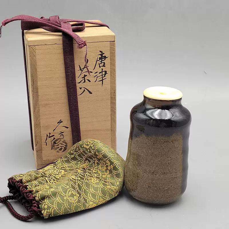 中古回流瓷器唐津烧久方作茶入茶叶罐茶道具原盒仕覆袋-Taobao