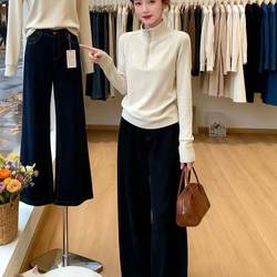 Beige Velvet Warm Hoodless Sweatshirt 2025 Autumn and Winter New Double-Sided Velvet Base Shirt Half-High Open Collar T-Shirt Top