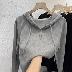 Pure Cotton Hooded Long-Sleeve T-Shirt for Women, Short Top, 2025 Spring and Autumn, Slimming, Stylish, Thin Sweatshirt, Base Layer Hoodie, Trendy