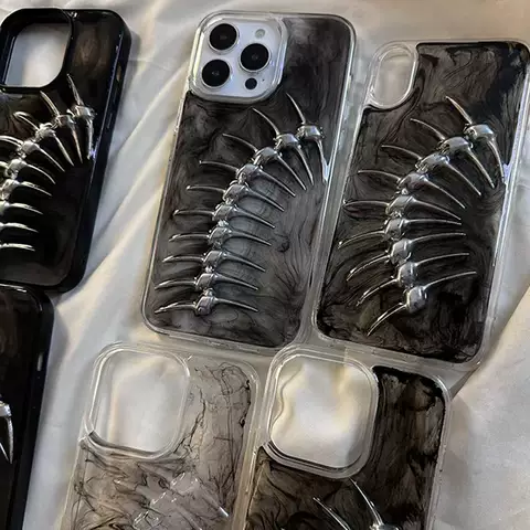 Metal Fish Bone Skeletal Spine Phone Cases Covers Handmade 3D Transparent Clear iPhone 15, iPhone 14, iPhone 13, iPhone 12,
