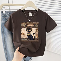 Creative Cat Print Summer 2025 New Style Regular Shoulder Round Neck Short-Sleeve T-Shirt Niche Korean Versatile Top ins Trendy