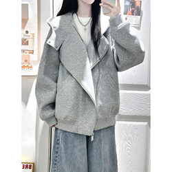 Irregular Casual Style Hooded Sweatshirt for Women, Autumn and Winter, Gray, Loose, Casual, Versatile, Oversized, Double Zipper Jacket Top