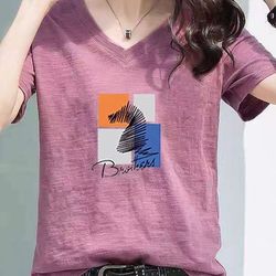 2025 Summer Bamboo Cotton Printed Short-Sleeve T-Shirt Women's New Korean Style V-Neck Slimming Loose Versatile Casual Trendy