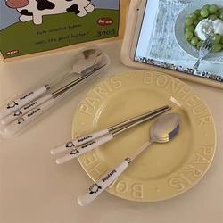 Set of Chopsticks, Stainless Steel Spoon Set, ins High-Quality Tableware Three-Piece Set with Storage Box, Fork for Students