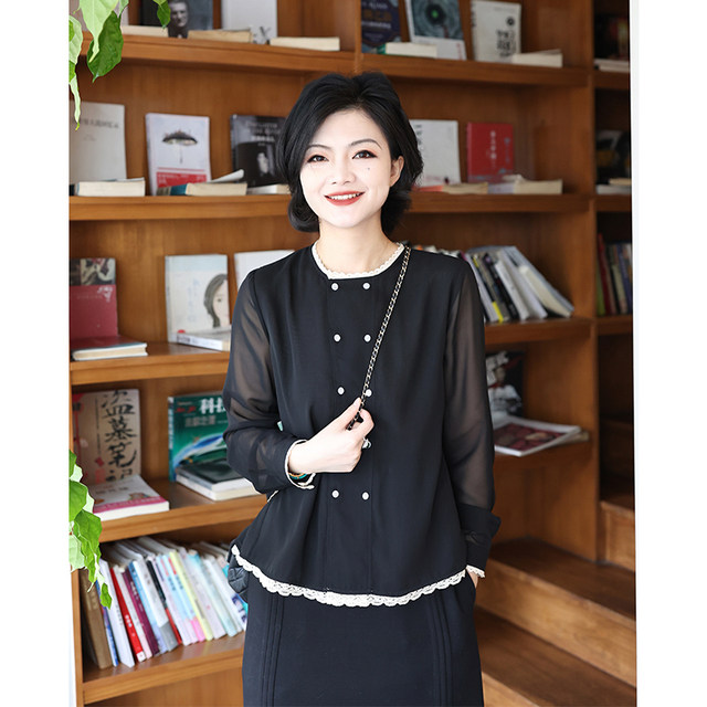 Fengzhu high-end black lace spliced ​​round neck long-sleeved shirt 2025 spring and summer new women's chiffon shirt top