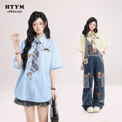 Htym College Style Fun Cat Embroidered Plaid Tie Short-Sleeved Shirt for Women Summer New Casual Loose Top