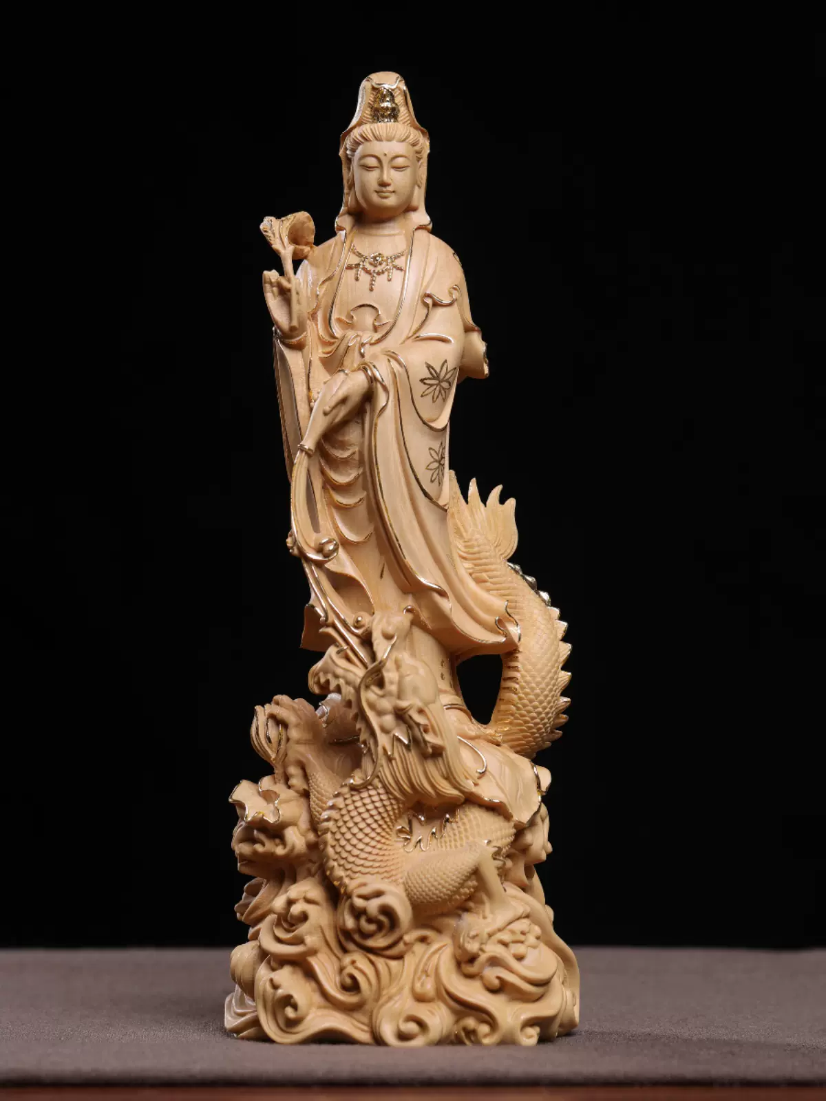 正宗小叶黄杨木精雕水浪持书自在观音菩萨供奉佛像摆件家居装饰品