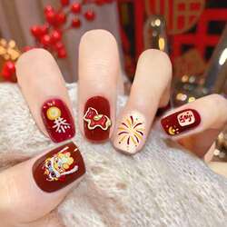 Handmade [Children's Wearable Nails] 2026 Year of the Horse New Year Red Nail Art for Girls, Whitening Fake Nails for Elementary School Students