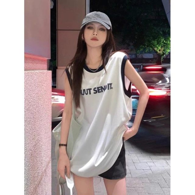 Sleeveless pure cotton T-shirt for women in summer mid-length style for outerwear with suspenders with loose age-reducing hot girls vest top
