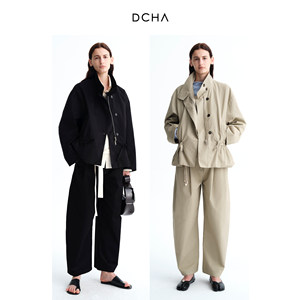 
DCHA Korea imported washed cotton stand collar adjustable drawstring design silhouette short jacket