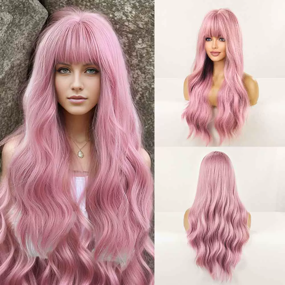 oneNonly Long Pink Wig with Bangs Natural Wave Heat Resistan-Taobao