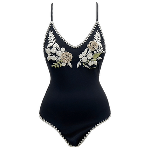 
Visual mood swimsuit women's retro floral embroidery black and white belly-covering slimming one-piece hot spring resort swimsuit