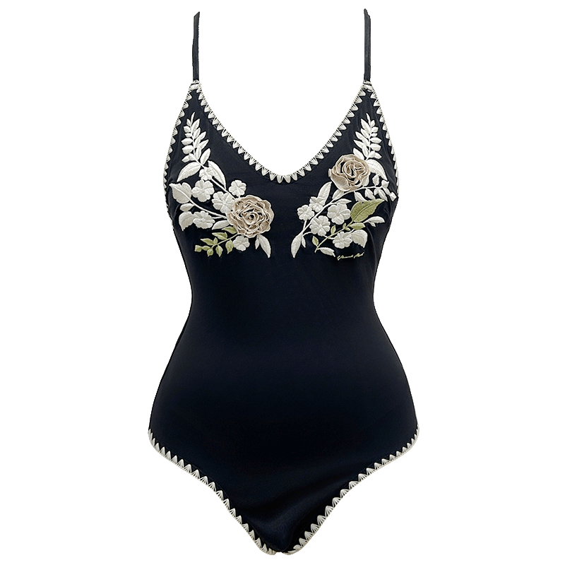 
Visual mood swimsuit women's retro floral embroidery black and white belly-covering slimming one-piece hot spring resort swimsuit