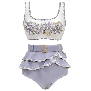 Visual mood retro split swimsuit white purple U-neck flower embroidery new slim vacation bikini set

