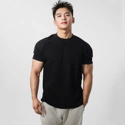 Sports Fitness Short-Sleeved Men's Heavyweight Ribbed Splicing Space Cotton High-Elastic Cuff Quick-Drying Running Training T-Shirt Summer