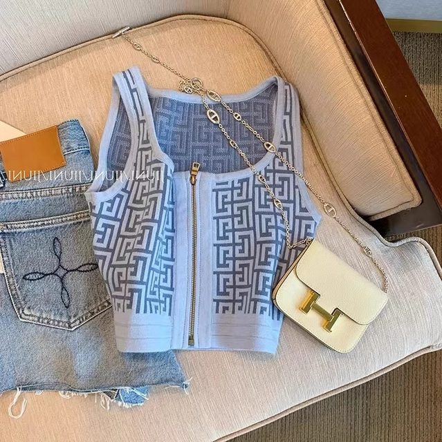Outlet! Brand discount 2024 summer new style knitted jacquard zipper camisole short top