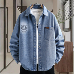 
Trendy denim jacket for boys and girls, student lapel printed long-sleeved loose casual top, spring and autumn style