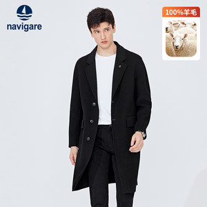 
[Pure Wool] Navigare Italian Small Sail Black Mid-Length Woolen Coat Men's Spring Windbreaker Jacket