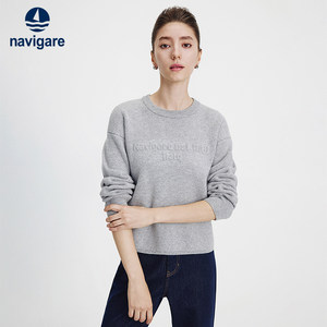 
Navigare Italian small sailing gray round neck pullover knitted sweater women's autumn and winter loose commuting sweater
