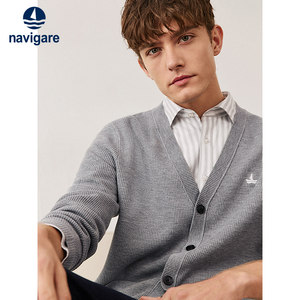 
Navigare Italian small sailing gray striped sweater men's spring casual V-neck knitted cardigan jacket